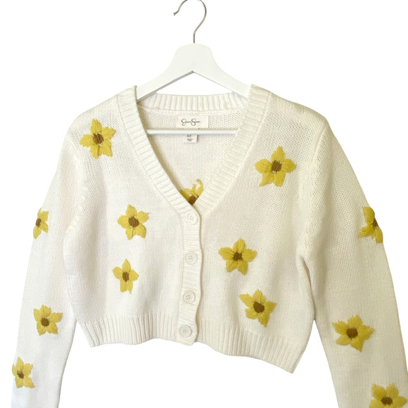 Jessica Simpson Sweater Womens Medium Cardigan Embroidered Floral White Crop - Picture 3 of 7